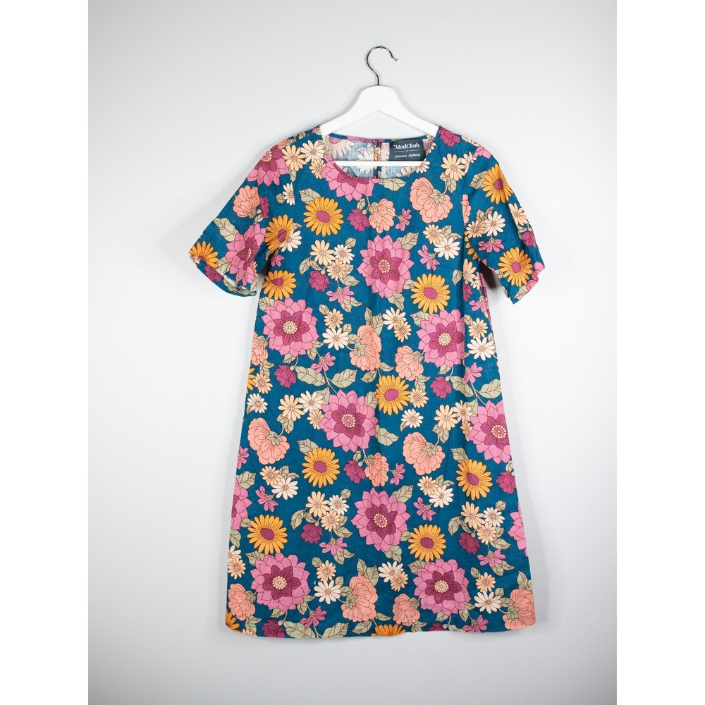 ModCloth Princess Highway Shift Dress Womens 6 Teal pink Floral Cotton Linen